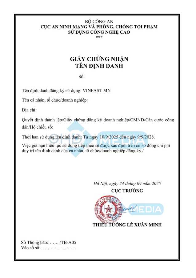 Dịch vụ đăng ký Giấy chứng nhận tên định danh