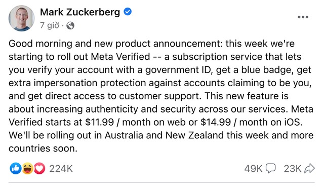 Thông báo về dịch vụ Meta Verified được CEO Meta – Mar Zuckerberg viết trên facebook