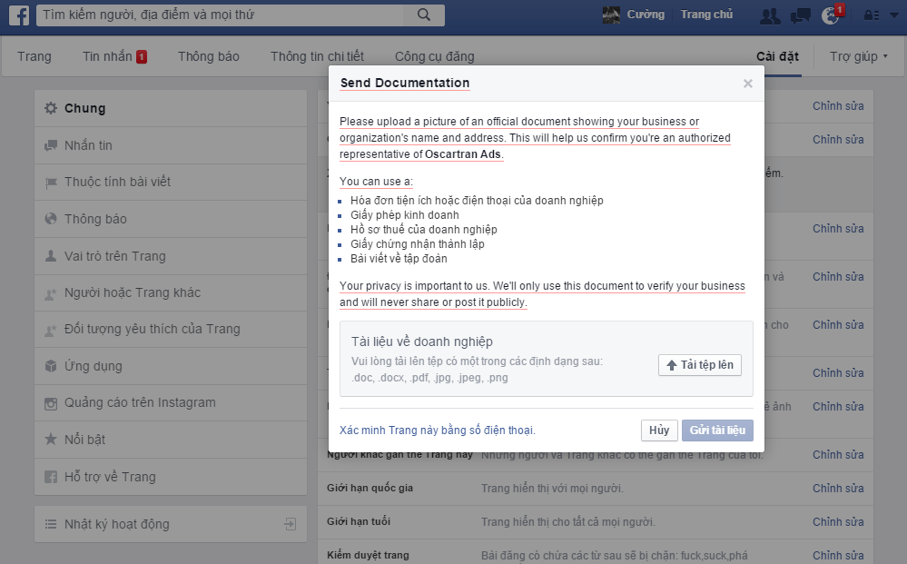 Một số thông tin cung cấp cho Facebook khi yêu cầu xác minh dấu check Xám vào tháng 04/2016